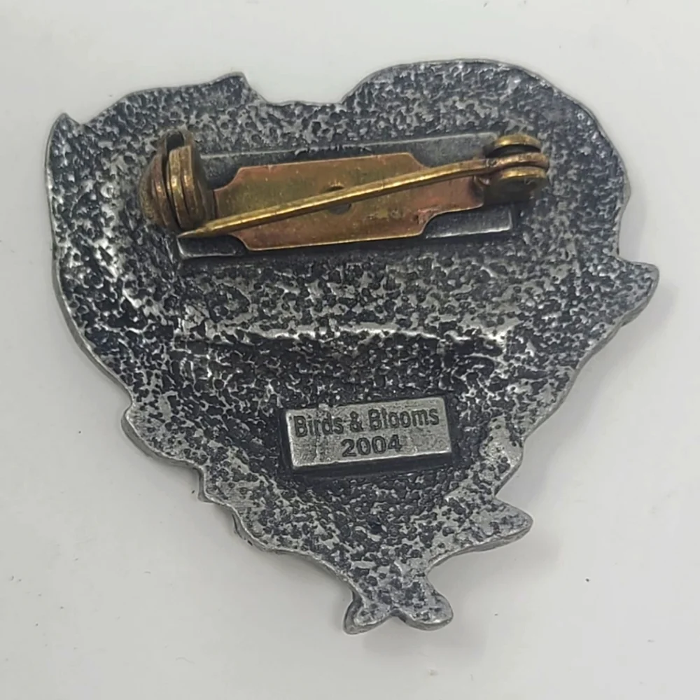 TG signed Birds & Blooms Heart bird nest silver tone‎ 2004 brooch pin romantic
